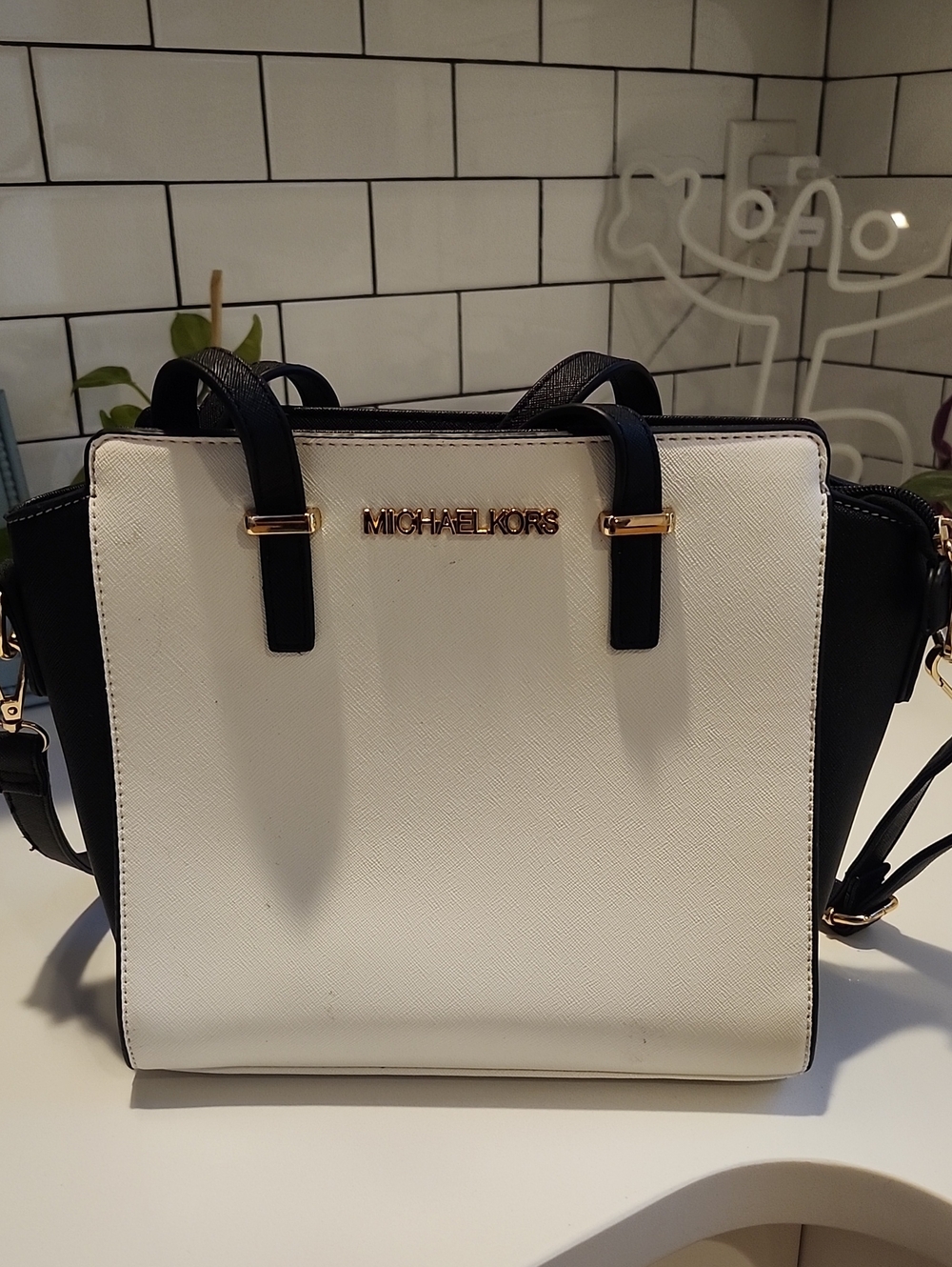 Michael Kors White and Black Saffiano Satchel with Gold Hardware